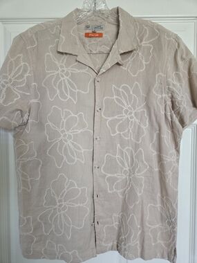 Men's Taupe Floral Embroidered Short-Sleeve Button-Down Shirt